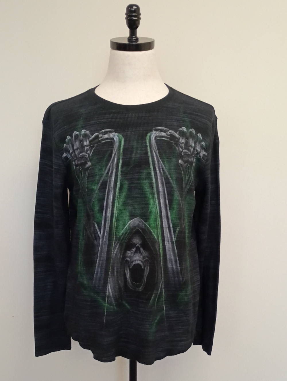 Faded Glory Y2K Black Green Skull Reaper Thermal Long Sleeve Shirt XL